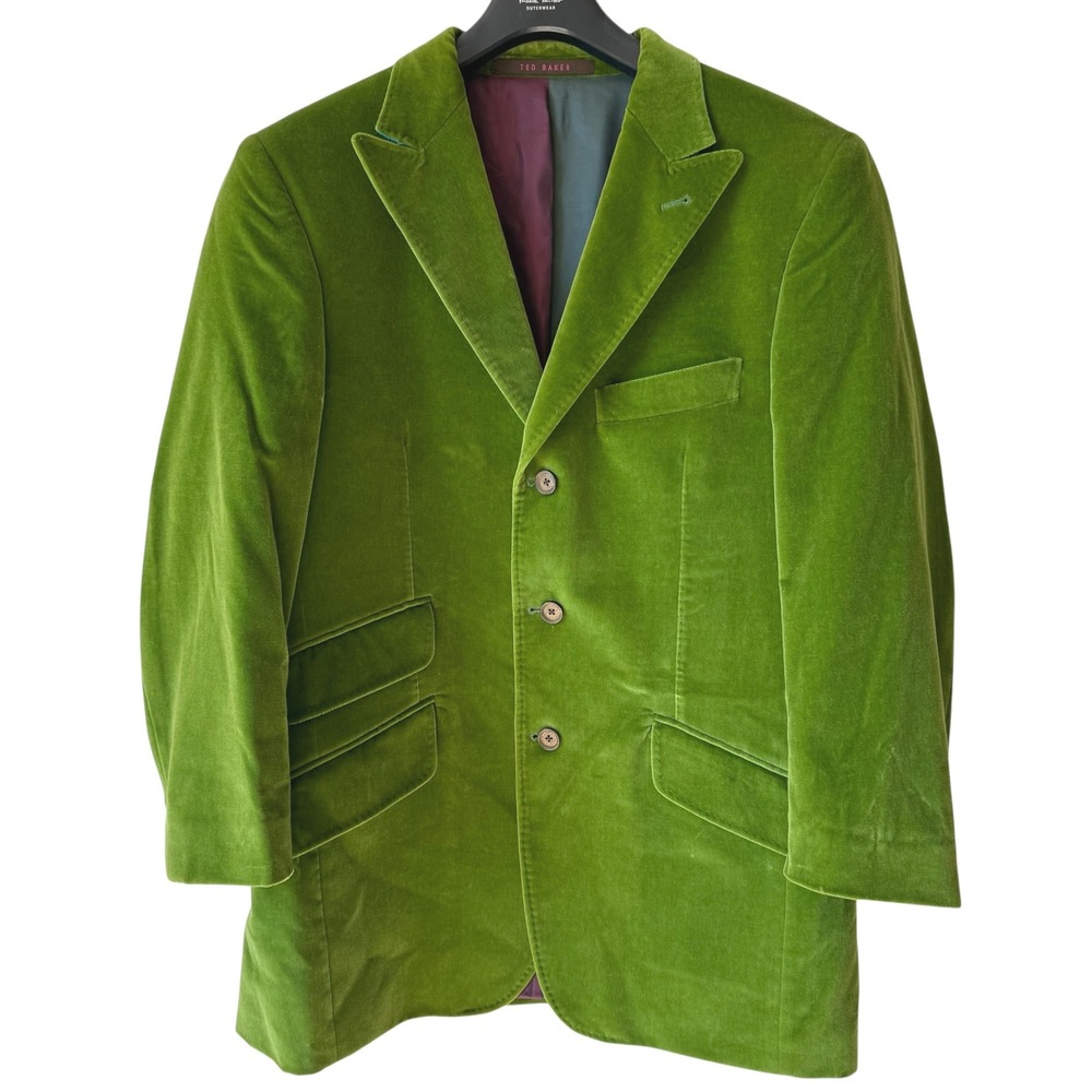 Ted Baker Mens 40R Green Cotton Velvet Sport Coat Blazer Colorful Lining Italy